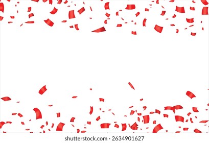 Red confetti, falling paper ribbons isolated on white background. Birthday party decoration vector illustration, Falling shiny red confetti, Bright festive tinsel of red color, red confetti party.