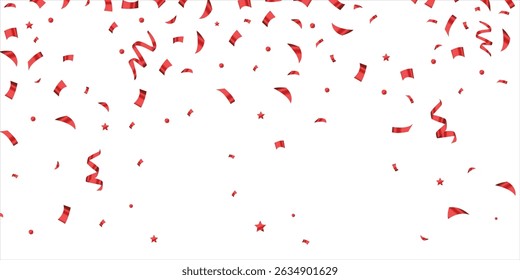 Red confetti, falling paper ribbons isolated on white background. Birthday party decoration vector illustration, Falling shiny red confetti, Bright festive tinsel of red color, red confetti party.