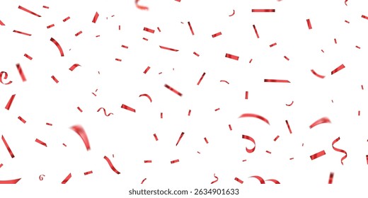Red confetti, falling paper ribbons isolated on white background. Birthday party decoration vector illustration, Falling shiny red confetti, Bright festive tinsel of red color, red confetti party.