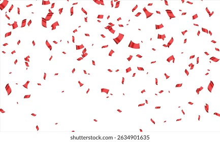 Red confetti, falling paper ribbons isolated on white background. Birthday party decoration vector illustration, Falling shiny red confetti, Bright festive tinsel of red color, red confetti party.