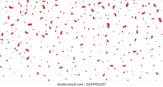 Red confetti, falling paper ribbons isolated on white background. Birthday party decoration vector illustration, Falling shiny red confetti, Bright festive tinsel of red color, red confetti party.