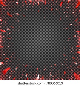 Red Confetti Flying  to Centre Isolated on Transparent Backdrop. Vector illustration with sunbeams. Shiny background with lights of sparks. Sunburst effect.