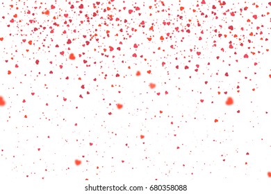 Red confetti of hearts flying randomly on white background. Explosion of Valentines petals from the corner. Valentines day background, Women's Day