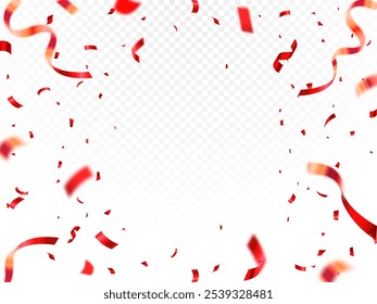 Red confetti isolated background, celebration party background design with confetti and red ribbons, Bright festive tinsel of red color. Valentine’s Day, Birthday, Holiday, Carnival festivity,