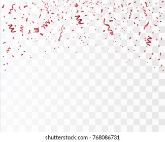 Confetti vermelho isolado em fundo tansparente. Fitas e partículas ilustração festiva. Conceito de aniversário vetorial.