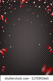 Red confetti isolated on transparent background. Vector illustration with red confetti and serpentine.