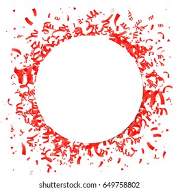 Red confetti with a large white circle in the center. Vector illustration. The concept of the design of a holiday greeting card. Place for the text.