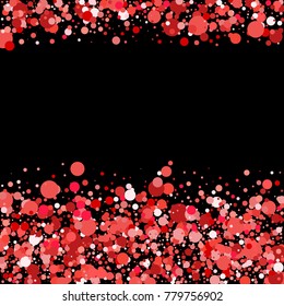 Red confetti on a black background. Beautiful bright background. Confetti. A frame of confetti. A scattering of confetti. Placer from the circles. Dots. Vector Vector illustration. 