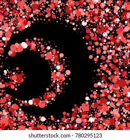 Red confetti on a black background. Beautiful bright background. Confetti.  A scattering of confetti. Placer from the circles. Dots.