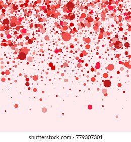 Red confetti on a pink background. Beautiful  bright background. Confetti. A frame of confetti. A scattering of confetti. Placer from the circles. Dots. Vector illustration.