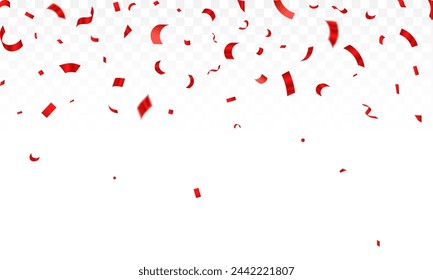 Confeti rojo sobre fondo transparente. Realista oropel que cae. Plantilla de aniversario de lujo. Elementos de decoración voladores.