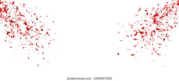 Red confetti pieces caught in an invisible breeze, creating a sparse, ephemeral drift across a white expanse.