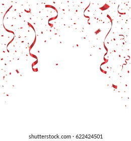 Red Confetti And Ribbon Falling On White Background. Vector Illustration