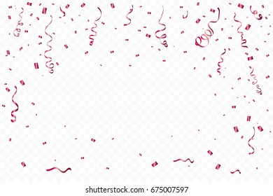 Red Confetti And Ribbon Falling On Transparent Background. Celebration. Vector Illustration