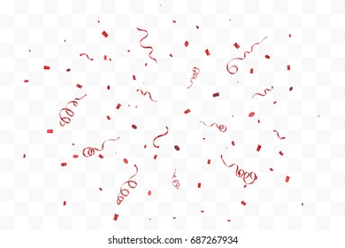 Red Confetti And Ribbon Falling On Transparent Background. Vector Illustration
