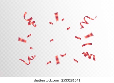 red confetti and ribbon streamers falling on a transparent background. blurred. Big and small,abstract frame,Vector. eps 10	