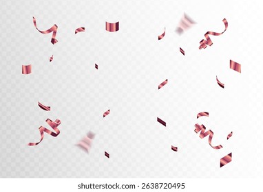 red confetti and ribbon streamers falling on a transparent background. blurred. Big and small,abstract frame,Vector. Simple design EPS 10