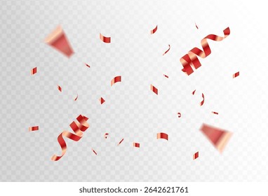 red confetti and ribbon streamers falling on a transparent background. blurred. Big and small,abstract frame,Vector eps 10