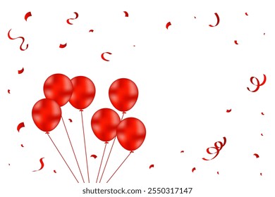 Red Confetti, Ribbons, And Balloons Background With Copy Space. Vector Illustration. Celebration Banner. Congratulations Wallpaper. Happy Birthday
