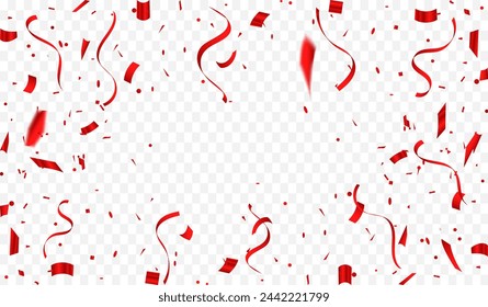 Red confetti and ribbons. Celebration background template. Blue confetti background that is falling on a transparent background.