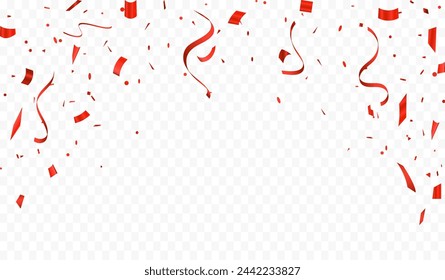 Red confetti and ribbons celebration background For parties and festivals on a transparent background. Luxury greeting card. Vector illustration