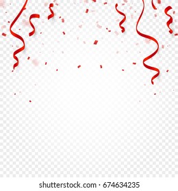 Red confetti, serpentine or ribbons falling on white transparent background vector illustration. Party, festival, fiesta design decor poster element.