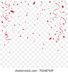 Red Confetti And Streamer Ribbon Falling On Transparent Background. Celebration & Birthday. Vector