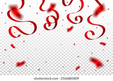 Red Confetti with Streamer Ribbons on Transparent Background. Celebration Banner. Vector Illustration