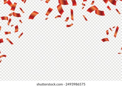 Red confetti template. Shiny ribbons falling. Design template for party, celebration and birthday, Many Falling Red Tiny Confetti Isolated On Transparent Background, Red confetti. Celebration carnival