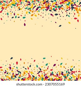 Red Confetti Vector Beige Background. Orange Foliage Element Template. Fall Leaf Card. Green Foliage Set.