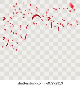 Red Confetti. Vector Festive Illustration of Falling Shiny Confetti Isolated on Transparent Checkered Background. Holiday Decorative Tinsel Element for Design.Vector illustration eps10.
