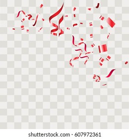 Red Confetti. Vector Festive Illustration of Falling Shiny Confetti Isolated on Transparent Checkered Background. Holiday Decorative Tinsel Element for Design.Vector illustration eps10.