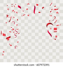 Red Confetti. Vector Festive Illustration of Falling Shiny Confetti Isolated on Transparent Checkered Background. Holiday Decorative Tinsel Element for Design.Vector illustration eps10.