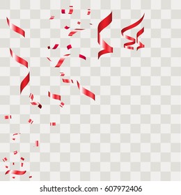 Red Confetti. Vector Festive Illustration of Falling Shiny Confetti Isolated on Transparent Checkered Background. Holiday Decorative Tinsel Element for Design.Vector illustration eps10.