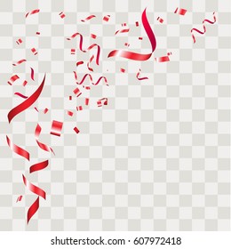 Red Confetti. Vector Festive Illustration of Falling Shiny Confetti Isolated on Transparent Checkered Background. Holiday Decorative Tinsel Element for Design.Vector illustration eps10.