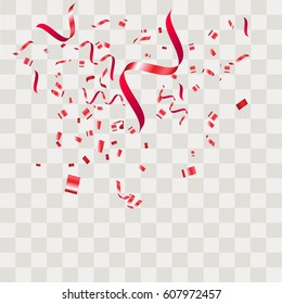 Red Confetti. Vector Festive Illustration of Falling Shiny Confetti Isolated on Transparent Checkered Background. Holiday Decorative Tinsel Element for Design.Vector illustration eps10.