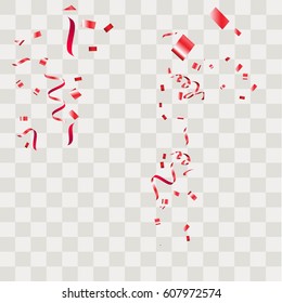 Red Confetti. Vector Festive Illustration of Falling Shiny Confetti Isolated on Transparent Checkered Background. Holiday Decorative Tinsel Element for Design.Vector illustration eps10.