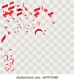 Red Confetti. Vector Festive Illustration of Falling Shiny Confetti Isolated on Transparent Checkered Background. Holiday Decorative Tinsel Element for Design.Vector illustration eps10.