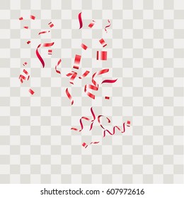 Red Confetti. Vector Festive Illustration of Falling Shiny Confetti Isolated on Transparent Checkered Background. Holiday Decorative Tinsel Element for Design.Vector illustration eps10.