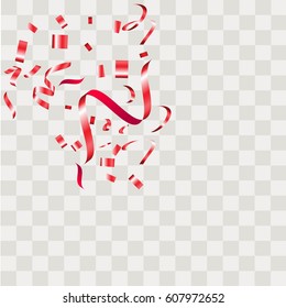 Red Confetti. Vector Festive Illustration of Falling Shiny Confetti Isolated on Transparent Checkered Background. Holiday Decorative Tinsel Element for Design.Vector illustration eps10.