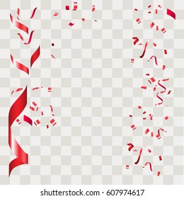 Red Confetti. Vector Festive Illustration of Falling Shiny Confetti Isolated on Transparent Checkered Background. Holiday Decorative Tinsel Element for Design.Vector illustration eps10.