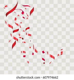 Red Confetti. Vector Festive Illustration of Falling Shiny Confetti Isolated on Transparent Checkered Background. Holiday Decorative Tinsel Element for Design.Vector illustration eps10.