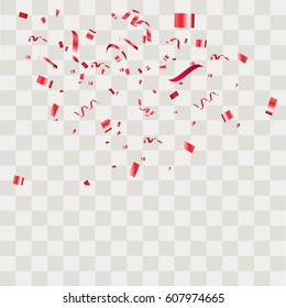 Red Confetti. Vector Festive Illustration of Falling Shiny Confetti Isolated on Transparent Checkered Background. Holiday Decorative Tinsel Element for Design.Vector illustration eps10.