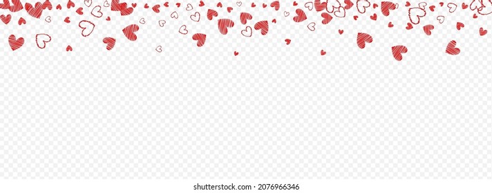 Red Confetti Vector Panoramic Transparent Backgound. Valentine Papercut Banner. Pink Decoration Heart Template.