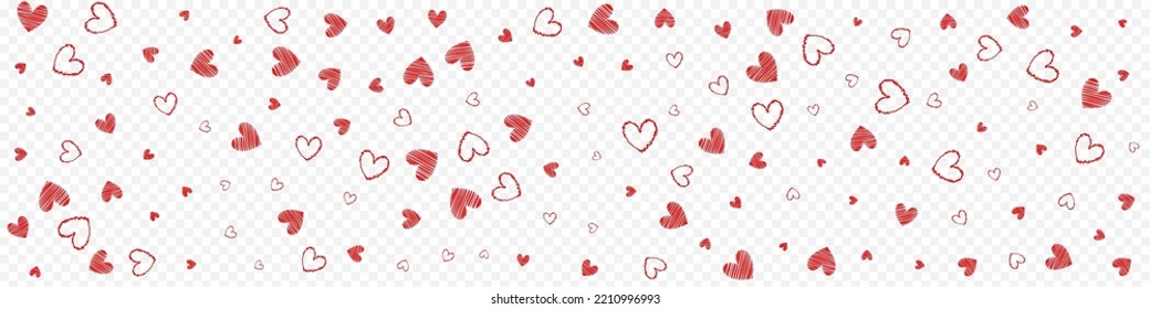 Red Confetti Vector Panoramic Transparent Backgound. Paper Heart Banner. Pink Visual Papercut Concept.