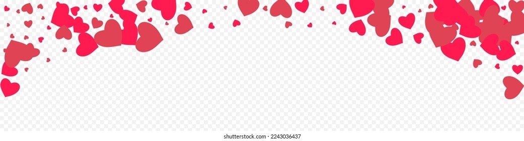 Red Confetti Vector Panoramic Transparent Backgound. Paper Hearts Texture. Pink Love Papercut Illustration.