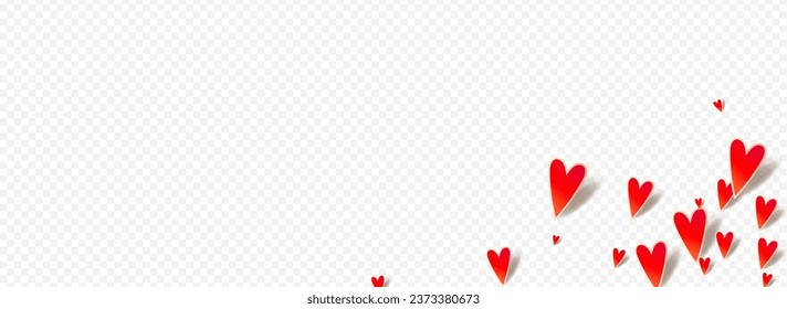 Red Confetti Vector Panoramic Transparent Backgound. Romance Papercut Wallpaper. Pink Decoration Hearts Texture.