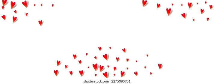 Red Confetti Vector Panoramic White Backgound. 3d Papercut Poster. Burgundy Fly Heart Card.