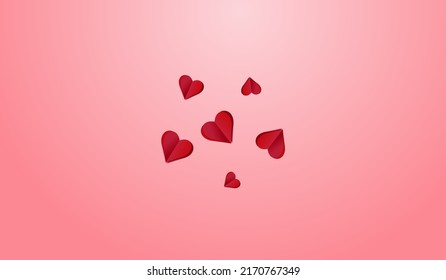 Red Confetti Vector Pink  Backgound. Decoration Hearts Concept. Pink Love Papercut Card.