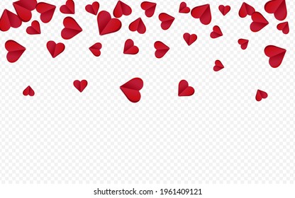 Red Confetti Vector Transparent Background. Falling Hearts Template. Burgundy Romantic Paper cut Banner.